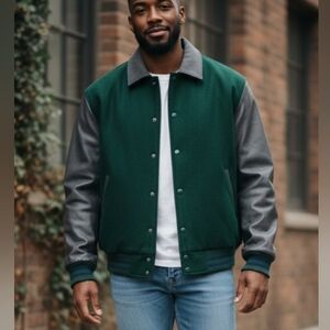 Vintage Varsity Green Melton Wool Black Leather Men's Jacket Puff Sleeve Coat